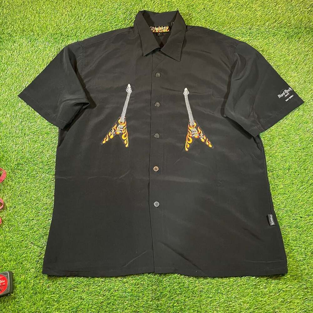 Dragonfly Flying V Guitar Flames Button Up Shirt Size L Black